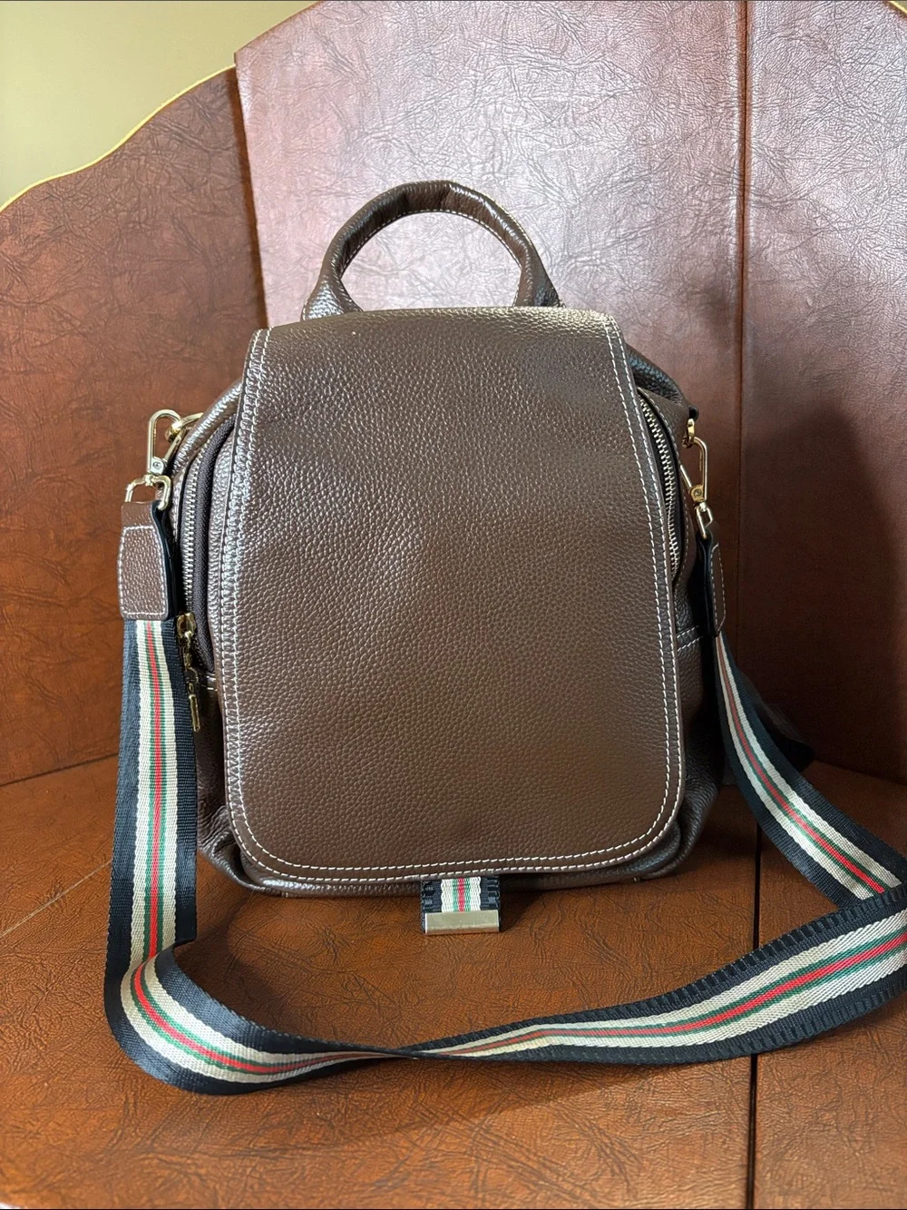Brown Pebbled Messenger Bag with Striped Removable Strap